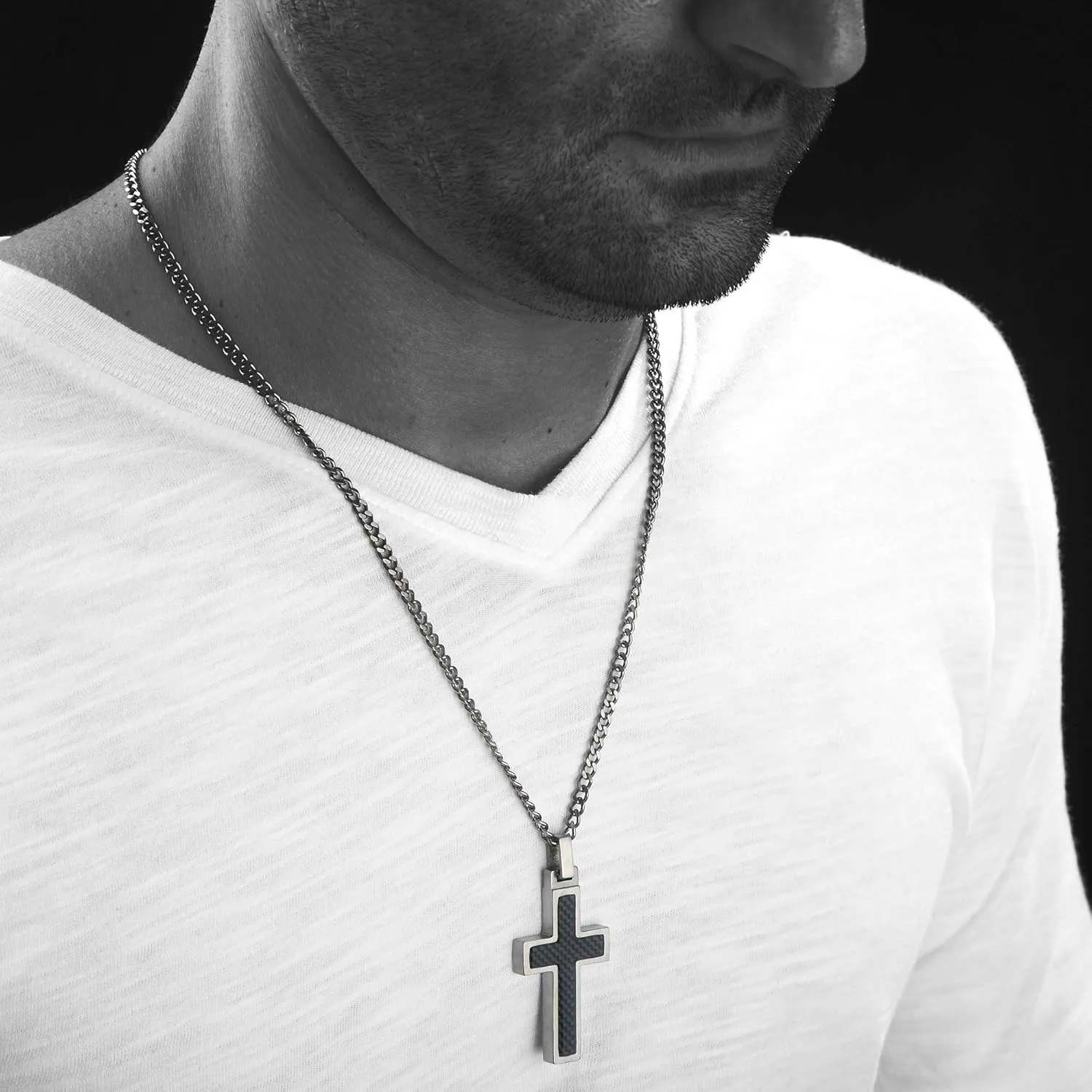 Unique GESTALT Titanium Cross Necklace with Black Carbon Fiber Inlay.