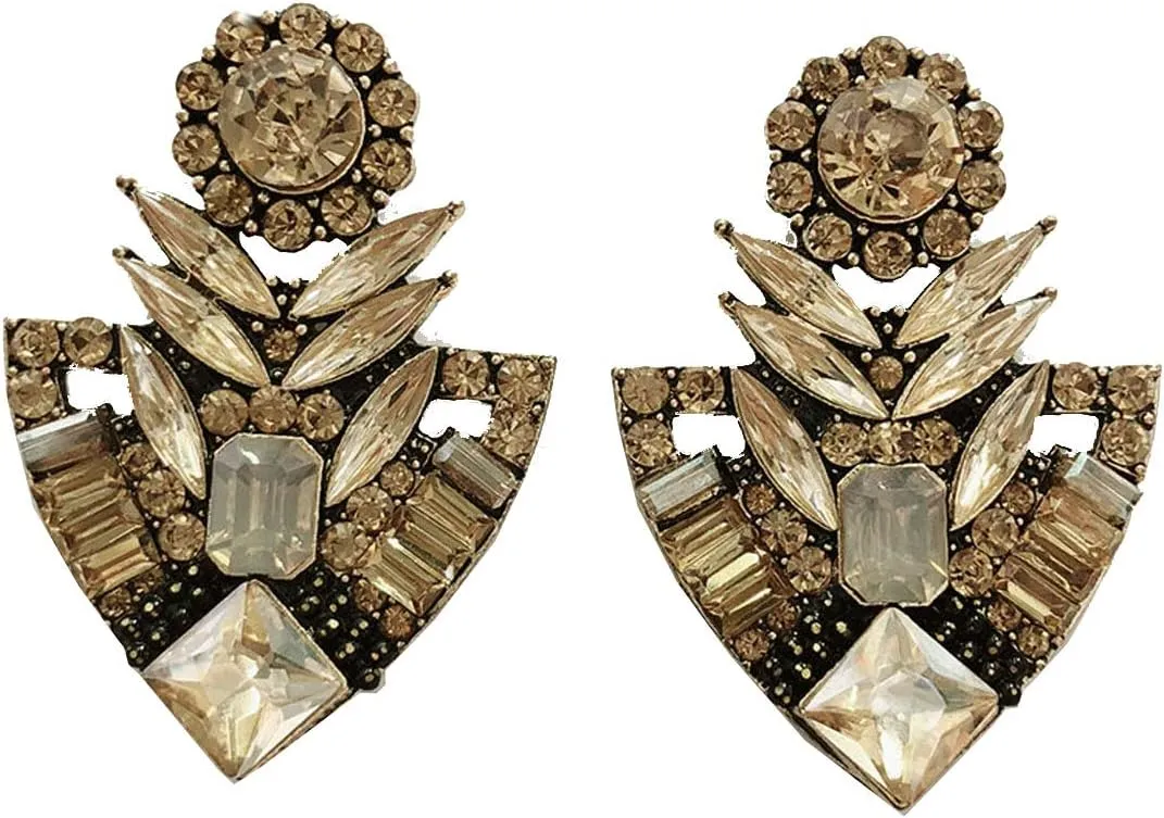 Very Large Art Deco Antique Vintage Style Yellow Amber Gold Citrine Bridal Bridesmaid Wedding Prom Pageant Drag Queen Statement Cluster Earrings