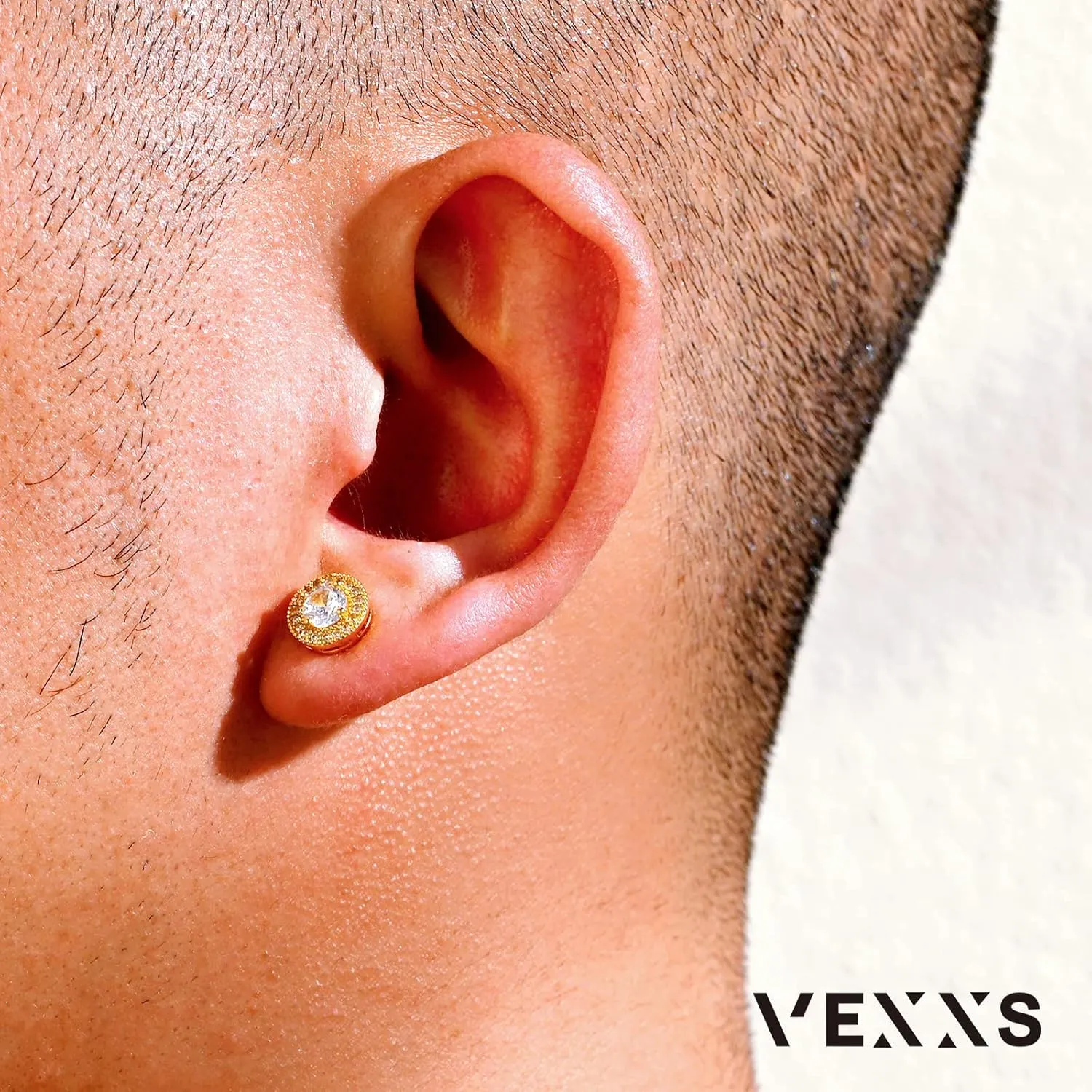 VEXXS Diamond Stud Earrings for Men, S925 Sterling Silver 14K Real Gold Plated Iced Out Earrings Micro Pave 5A CZ Stones Mens Studs, Hypoallergenic