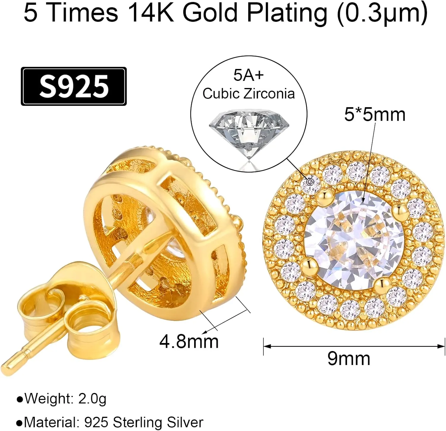 VEXXS Diamond Stud Earrings for Men, S925 Sterling Silver 14K Real Gold Plated Iced Out Earrings Micro Pave 5A CZ Stones Mens Studs, Hypoallergenic