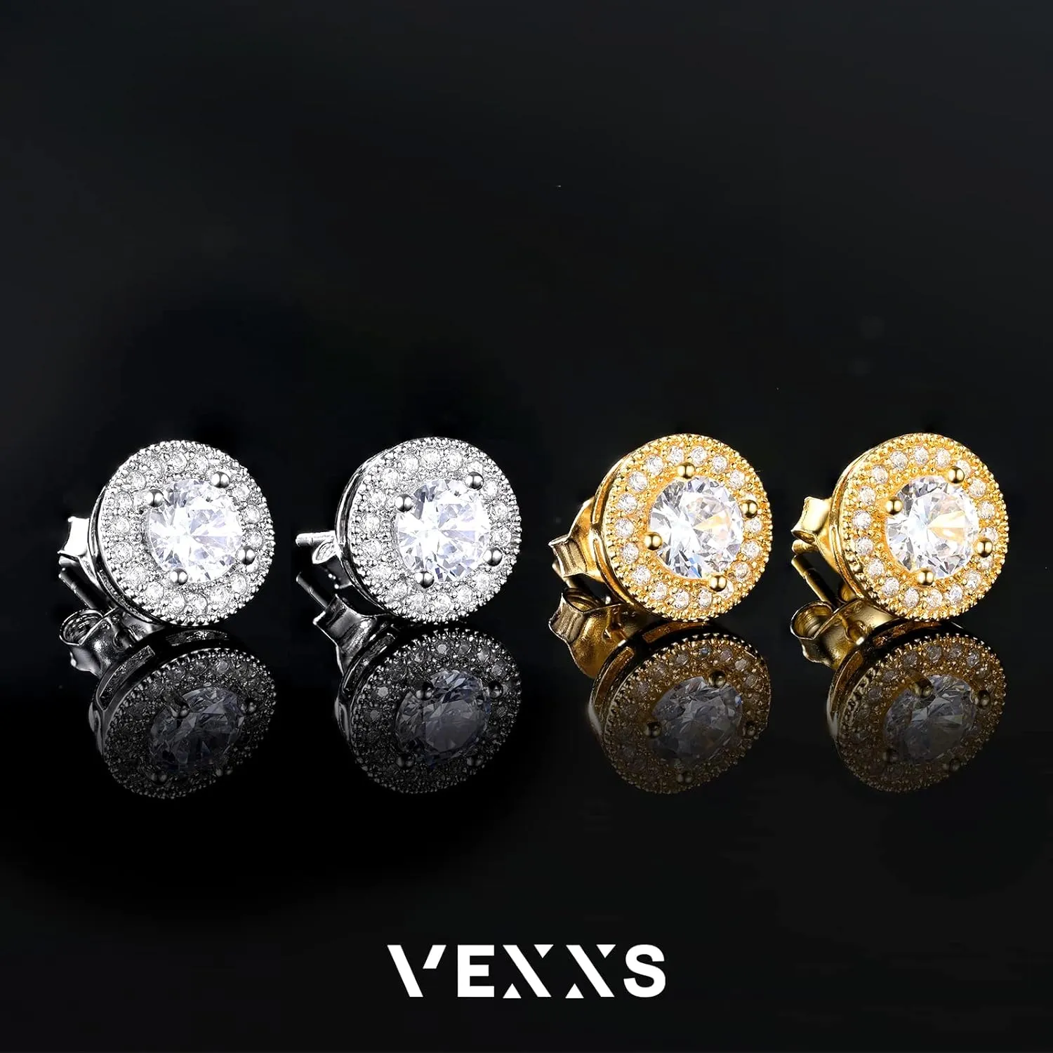 VEXXS Diamond Stud Earrings for Men, S925 Sterling Silver 14K Real Gold Plated Iced Out Earrings Micro Pave 5A CZ Stones Mens Studs, Hypoallergenic
