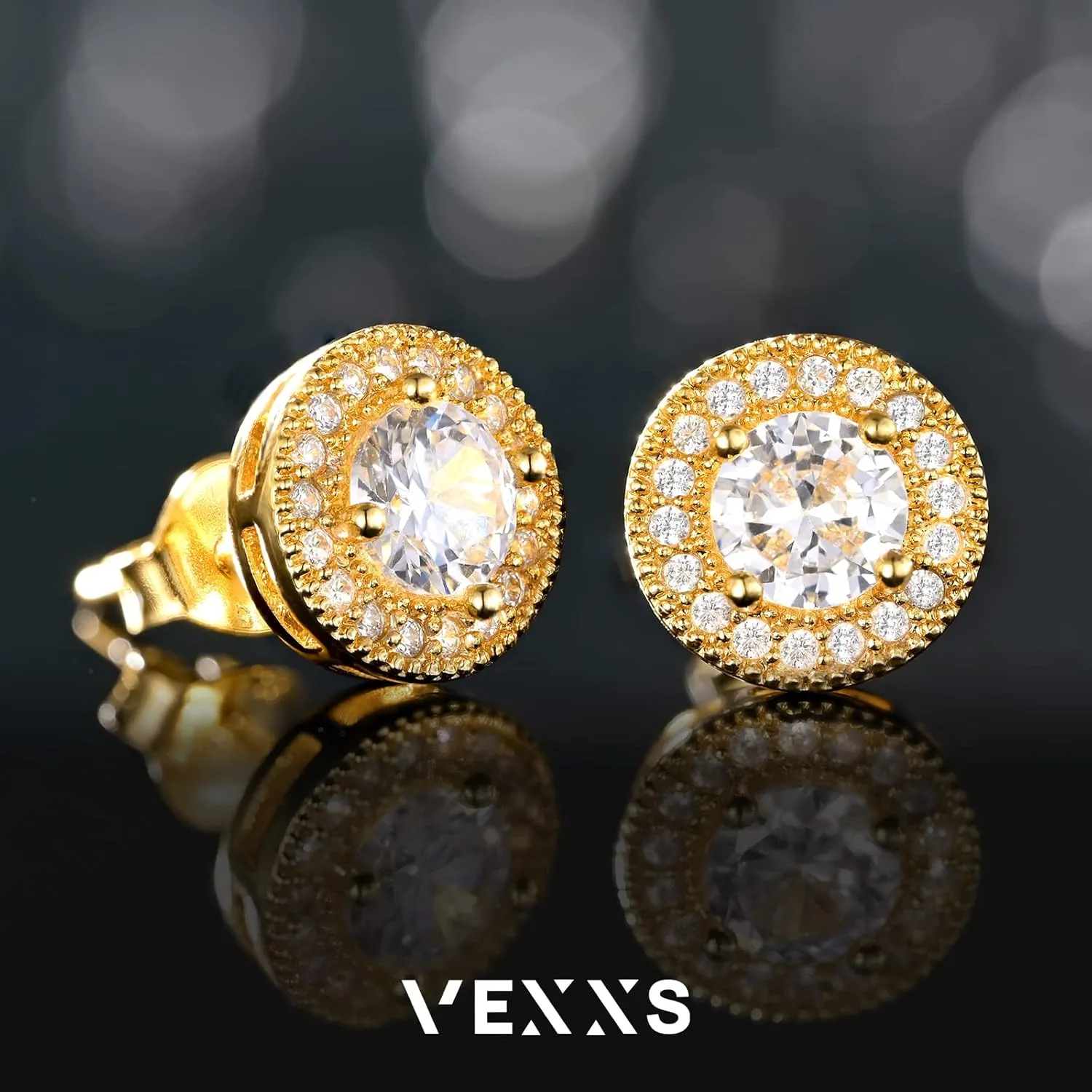 VEXXS Diamond Stud Earrings for Men, S925 Sterling Silver 14K Real Gold Plated Iced Out Earrings Micro Pave 5A CZ Stones Mens Studs, Hypoallergenic
