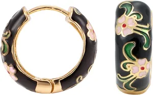 Vintage Enamel Flower Small Hoop Earrings, Retro Japanese Style Flowers Ear Clip-on for Women Delicate Jewelry-black
