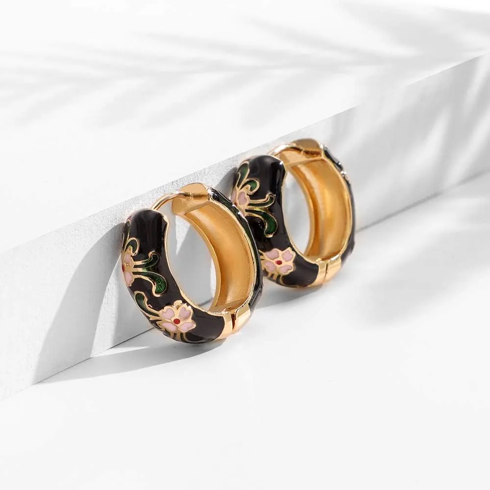 Vintage Enamel Huggie Hoop Earrings for Women Delicate Enamel Round Circle Hoop Earrings Trendy Flower CZ Earrings Jewelry