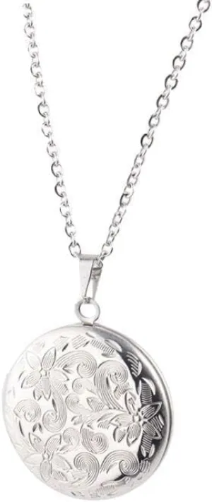 Vintage Engraved Flower Locket Picture Pendant Necklace Antique Carved Pattern Unique Heart Oval Necklace Hold Picture Souvenir Memorial Jewelry for Women