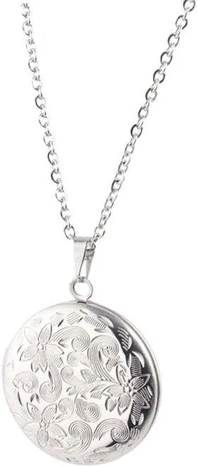 Vintage Engraved Flower Locket Picture Pendant Necklace Antique Carved Pattern Unique Heart Oval Necklace Hold Picture Souvenir Memorial Jewelry for Women