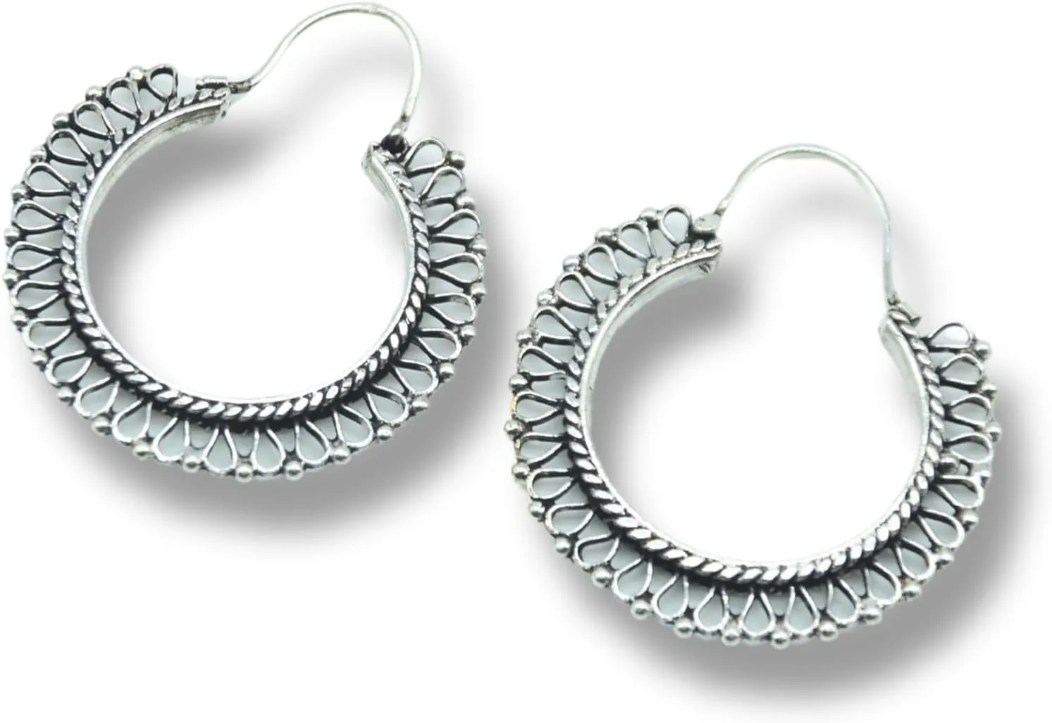 Vintage Filigree Hoop Earrings with Silver Onyx Gemstone - Boho Crescent Design - Copper Gypsy Style - Valentines Day Gift for Women