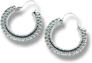 Vintage Filigree Hoop Earrings with Silver Onyx Gemstone - Boho Crescent Design - Copper Gypsy Style - Valentines Day Gift for Women