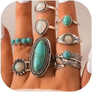 Vintage Knuckle Rings Set, Chunky Turquoise Stackable Rings, Silver Joint Finger Stacking Rings, Bohemian Western Jewelry for Women