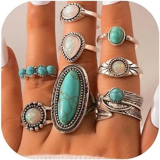 Vintage Knuckle Rings Set, Chunky Turquoise Stackable Rings, Silver Joint Finger Stacking Rings, Bohemian Western Jewelry for Women