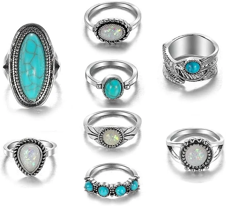 Vintage Knuckle Rings Set, Chunky Turquoise Stackable Rings, Silver Joint Finger Stacking Rings, Bohemian Western Jewelry for Women