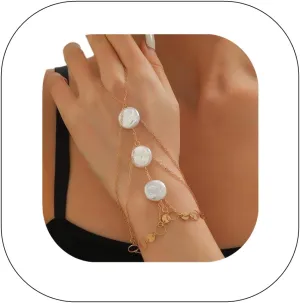 Vintage Pearl Slave Bracelet with Finger Ring Punk Link Chain Crystal Harness Bracelet Bridal Wedding Hand Jewelry Prom Party Belly Dance Accessories for Women