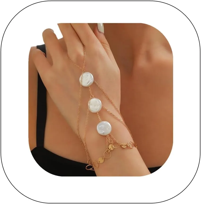 Vintage Pearl Slave Bracelet with Finger Ring Punk Link Chain Crystal Harness Bracelet Bridal Wedding Hand Jewelry Prom Party Belly Dance Accessories for Women