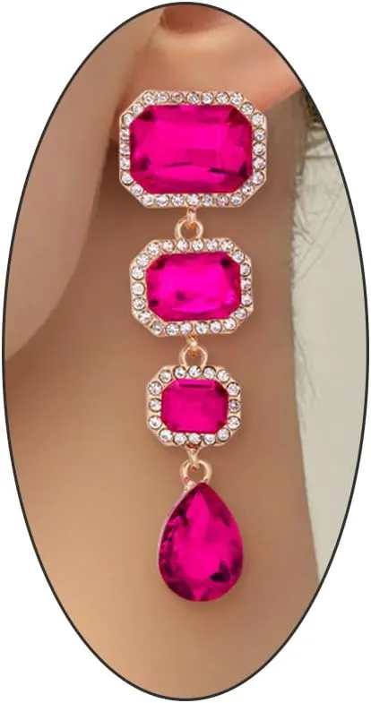 Vintage Rhinestone Rectangular Dangle Earrings for Women,Geometric Crystal Teardrop Chandelier Drop Earring,Delicate Zircon Earrings Prom Jewelry Gift