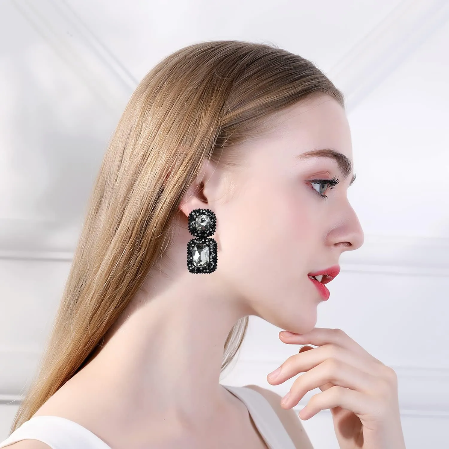 Vintage Rhinestone Statement Drop Dangle Earrings Retro Fancy Crystal Rectangle Earrings Wedding Bridal Evening Prom Pageant Formal Earrings for Women,