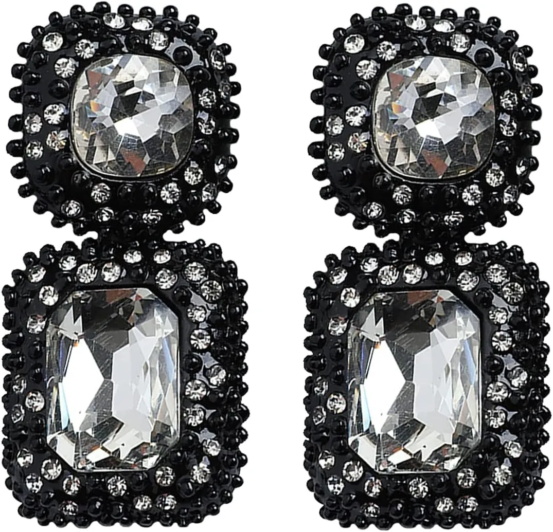 Vintage Rhinestone Statement Drop Dangle Earrings Retro Fancy Crystal Rectangle Earrings Wedding Bridal Evening Prom Pageant Formal Earrings for Women,