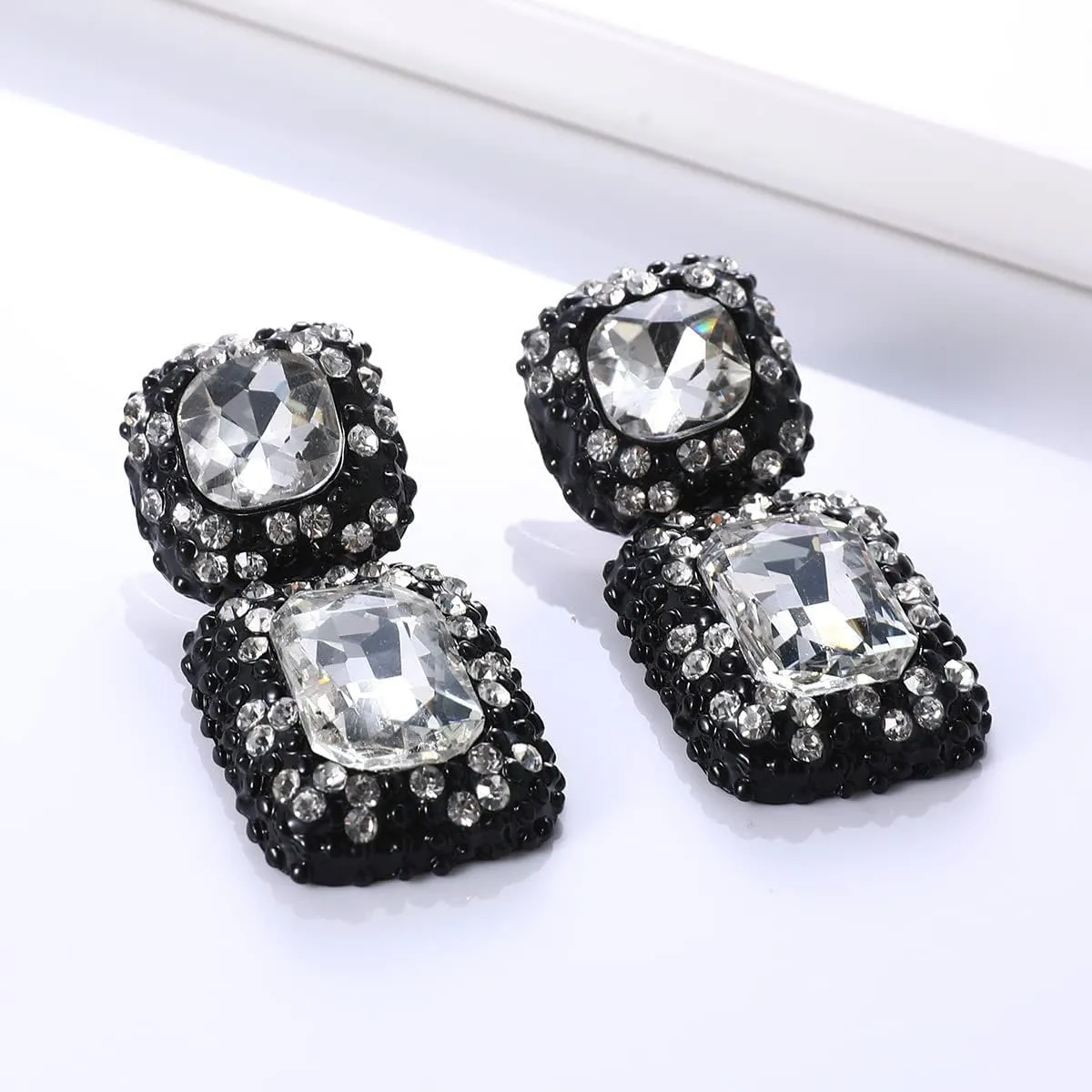 Vintage Rhinestone Statement Drop Dangle Earrings Retro Fancy Crystal Rectangle Earrings Wedding Bridal Evening Prom Pageant Formal Earrings for Women,