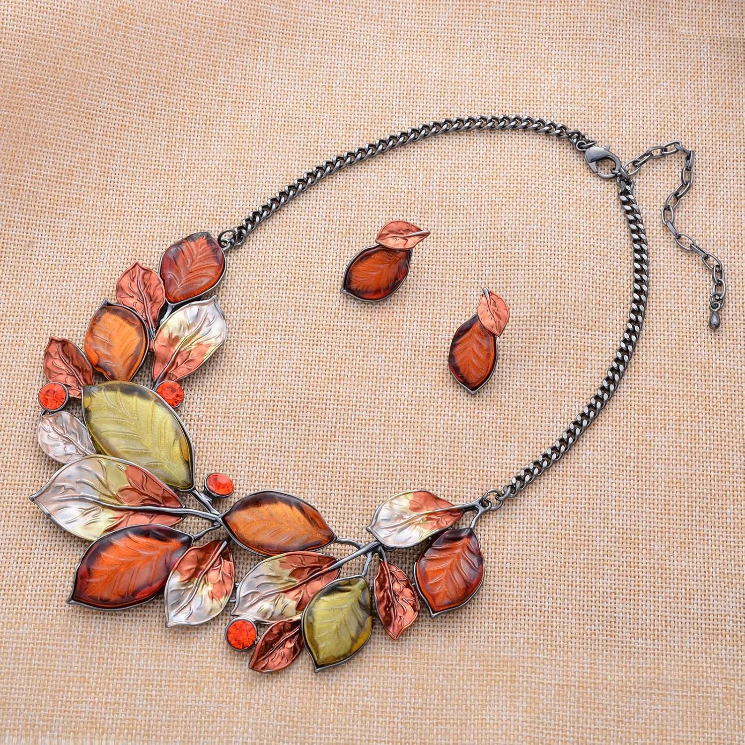 Vintage Statement Jewelry Set Leaf Floral Bohemian Boho Statement Necklace Earring Set Crystal Fashion Costume Jewelry