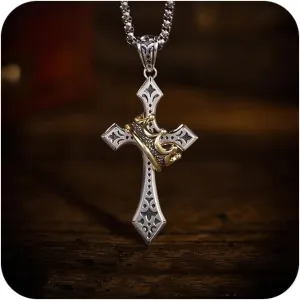 Vintage Unique Cross Necklace Thai Silver Chain Cross Crown Pendant Necklace for Men 14K Gold Plated Goth Gothic Punk Necklaces Christian Jewelry Antique Jesus Necklace Gift