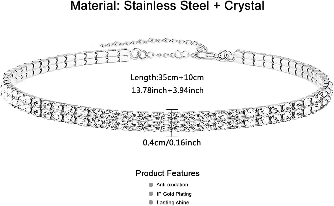 WangGao Stainless Steel Double Layer Rhinestone Choker Sparkling Crystal Tennis Necklaces for Women Shiny Cubic Zirconia Choker Jewelry Bridal Wedding Bridesmaid