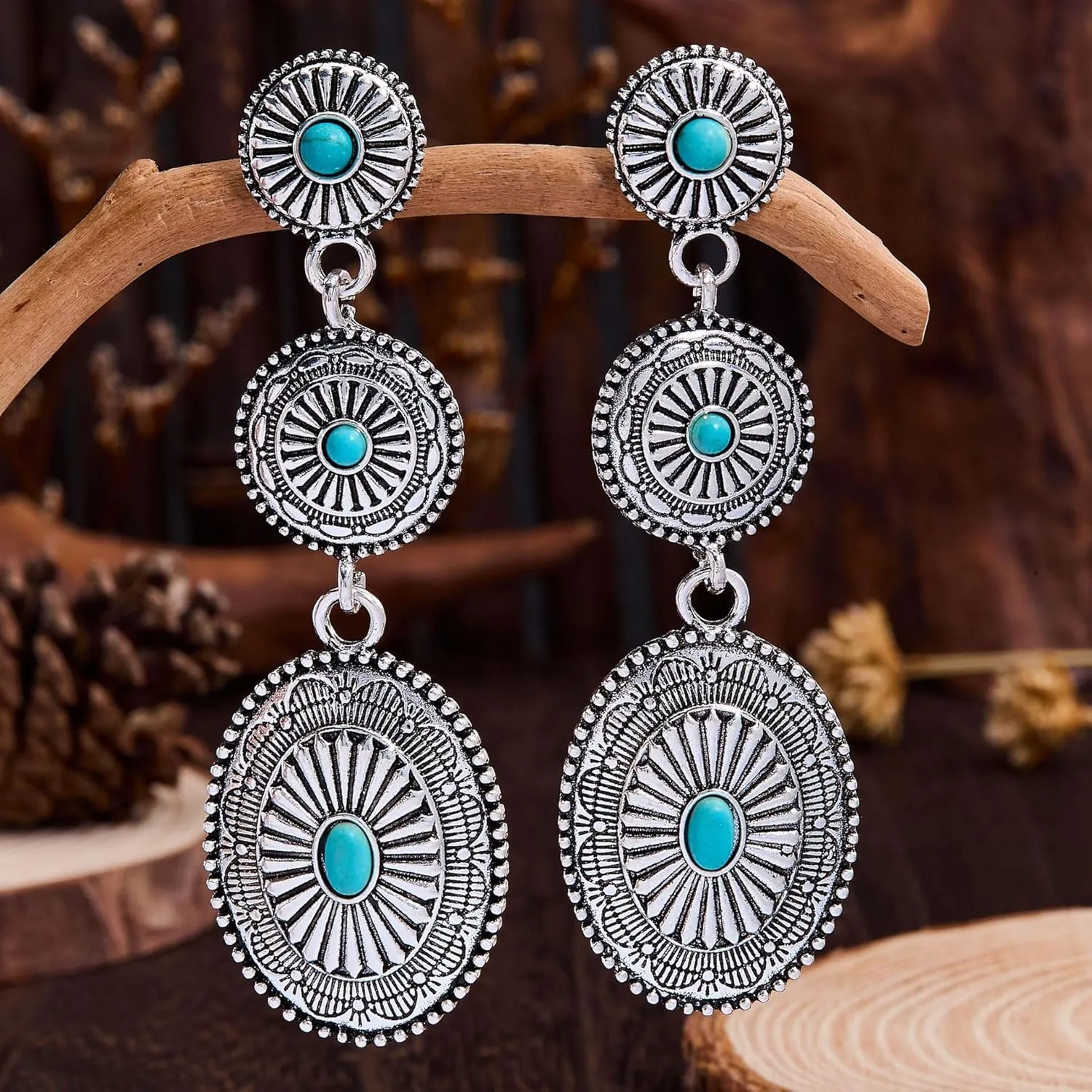 WCRAZYE Western Earrings for Women Handmade Bohemian Vintage Tribal Ethnic Rustic Couture's Cowgirl Turquoise Country Concho Dangling Statement Earrings Boho Jewelry Gifts
