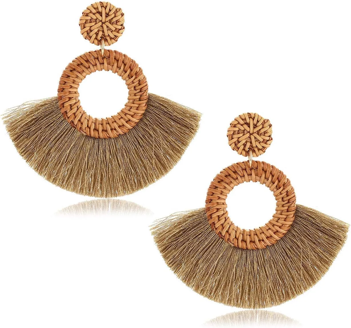 Weave Straw Double Disc Drop Earrings Boho Rattan Dangle Statement Earrings