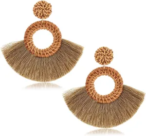 Weave Straw Double Disc Drop Earrings Boho Rattan Dangle Statement Earrings