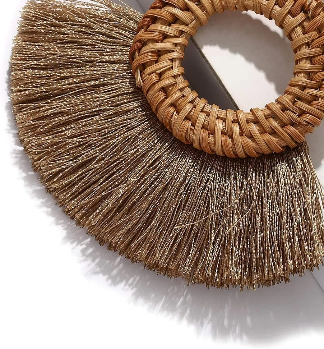 Weave Straw Double Disc Drop Earrings Boho Rattan Dangle Statement Earrings