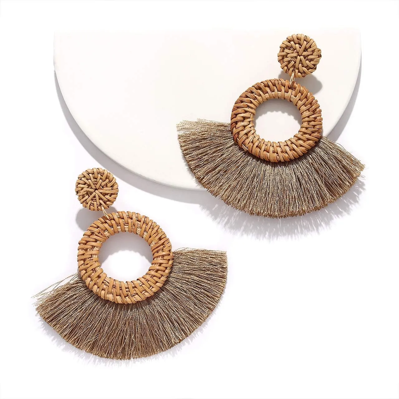 Weave Straw Double Disc Drop Earrings Boho Rattan Dangle Statement Earrings