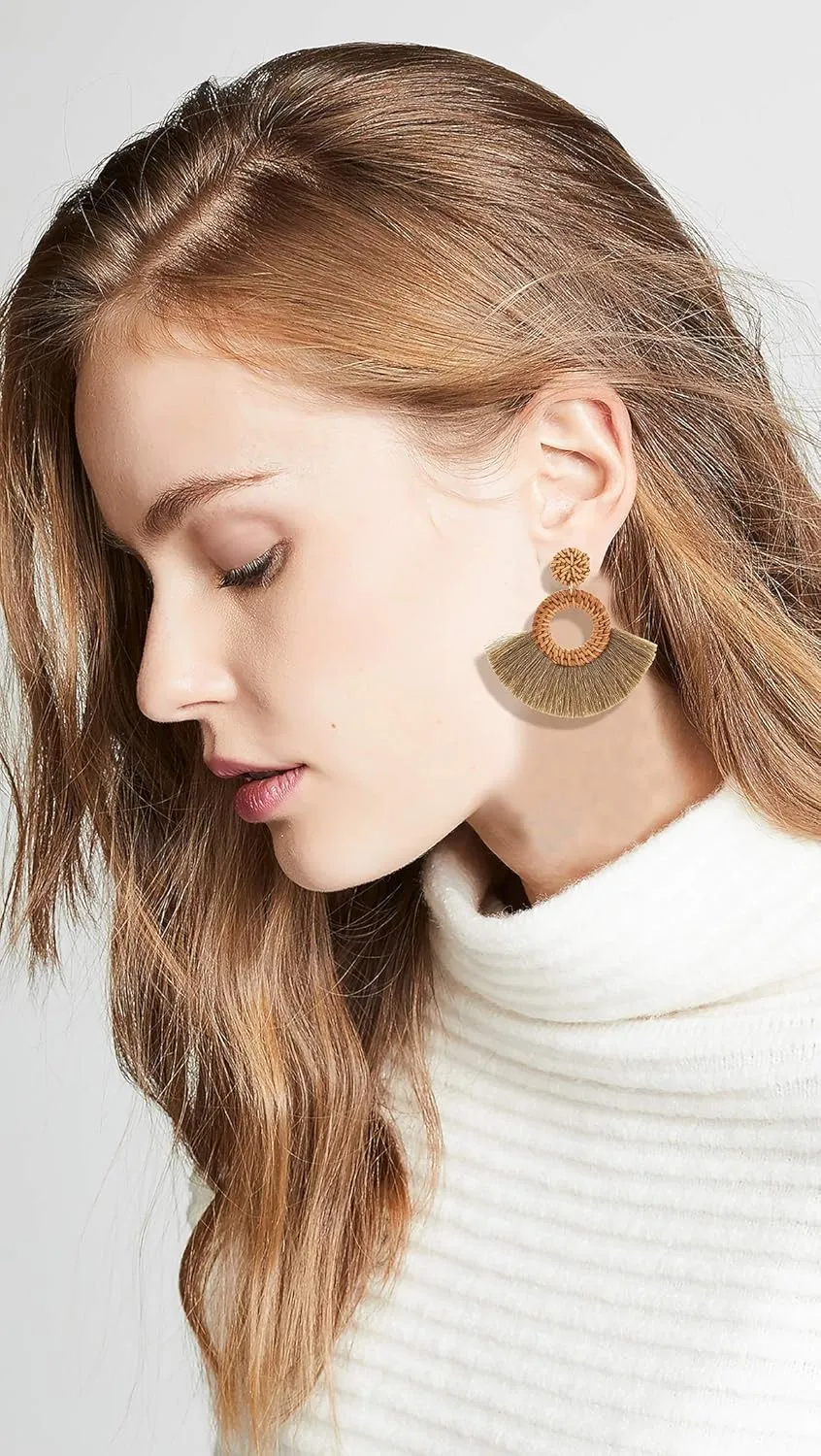 Weave Straw Double Disc Drop Earrings Boho Rattan Dangle Statement Earrings