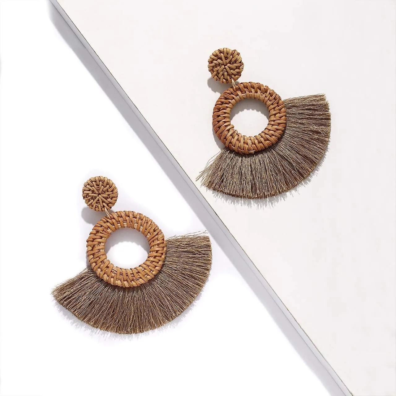Weave Straw Double Disc Drop Earrings Boho Rattan Dangle Statement Earrings