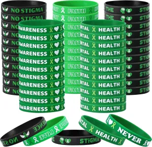 Wehhbtye 60Pcs Mental Health Awareness Silicone Bracelets, Motivational Green Ribbon Wristband with 5 Styles, Green Hope Awareness Bracelet for Men Women Charity Event Supplies