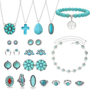 Western Turquoise Jewelry for Women Boho Rings Necklaces Bohemian Earrings Concho Belt Bracelets Set