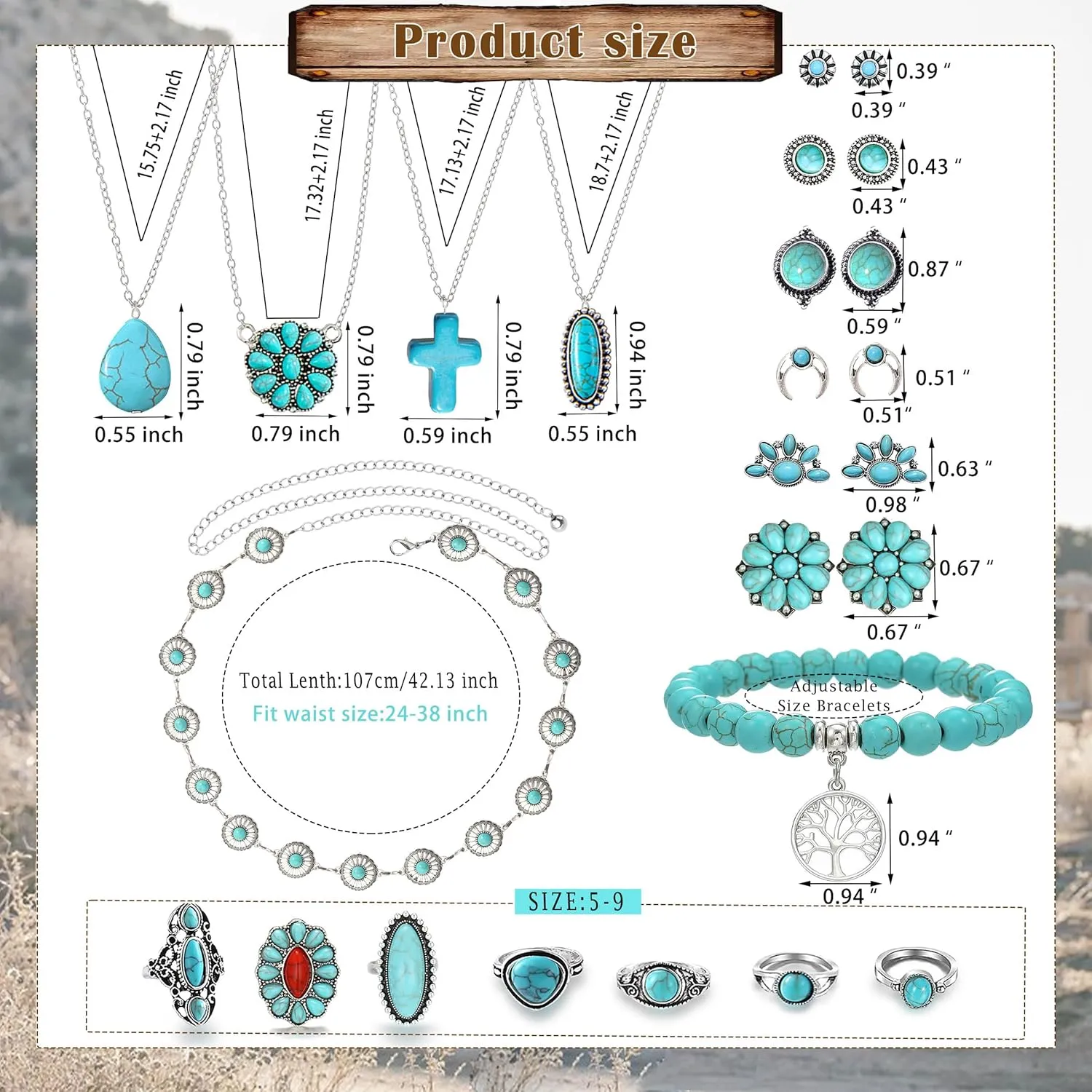 Western Turquoise Jewelry for Women Boho Rings Necklaces Bohemian Earrings Concho Belt Bracelets Set