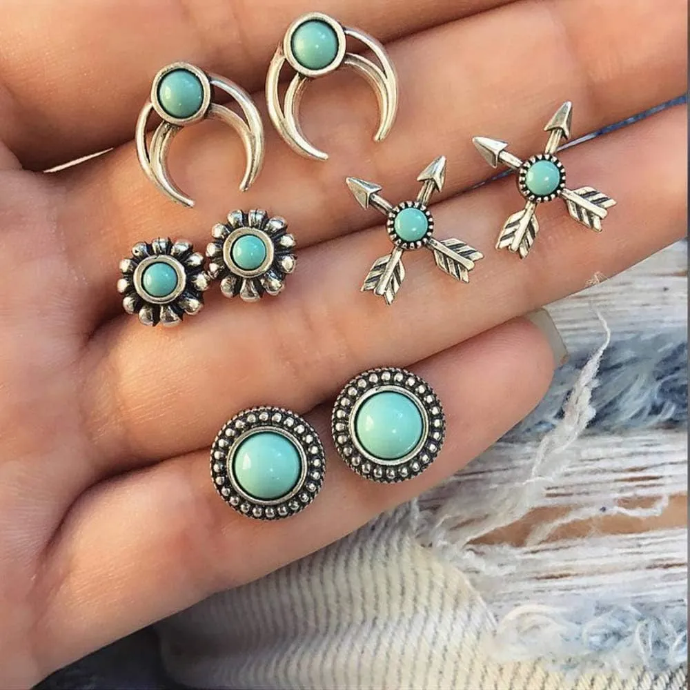 Western Turquoise Stud Earrings Set for Women Natural Turquoise Bohemian Cactus Cow Leaf Flower Wing Earrings Boho Boot Hat Stud Earring Vintage Jewelry Gifts