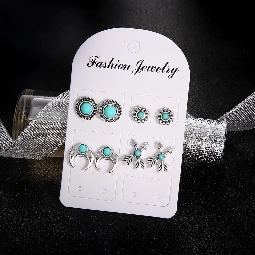 Western Turquoise Stud Earrings Set for Women Natural Turquoise Bohemian Cactus Cow Leaf Flower Wing Earrings Boho Boot Hat Stud Earring Vintage Jewelry Gifts