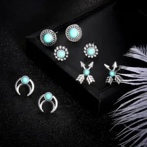 Western Turquoise Stud Earrings Set for Women Natural Turquoise Bohemian Cactus Cow Leaf Flower Wing Earrings Boho Boot Hat Stud Earring Vintage Jewelry Gifts
