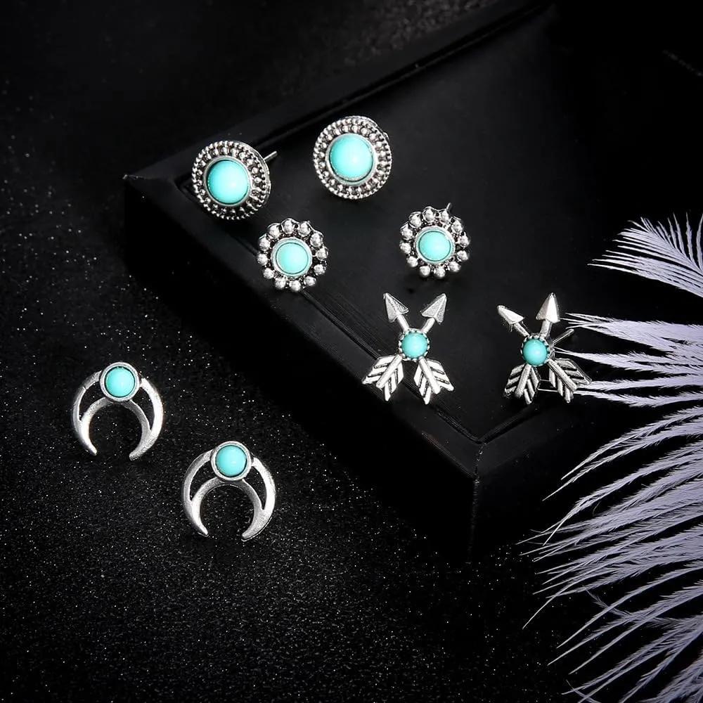 Western Turquoise Stud Earrings Set for Women Natural Turquoise Bohemian Cactus Cow Leaf Flower Wing Earrings Boho Boot Hat Stud Earring Vintage Jewelry Gifts