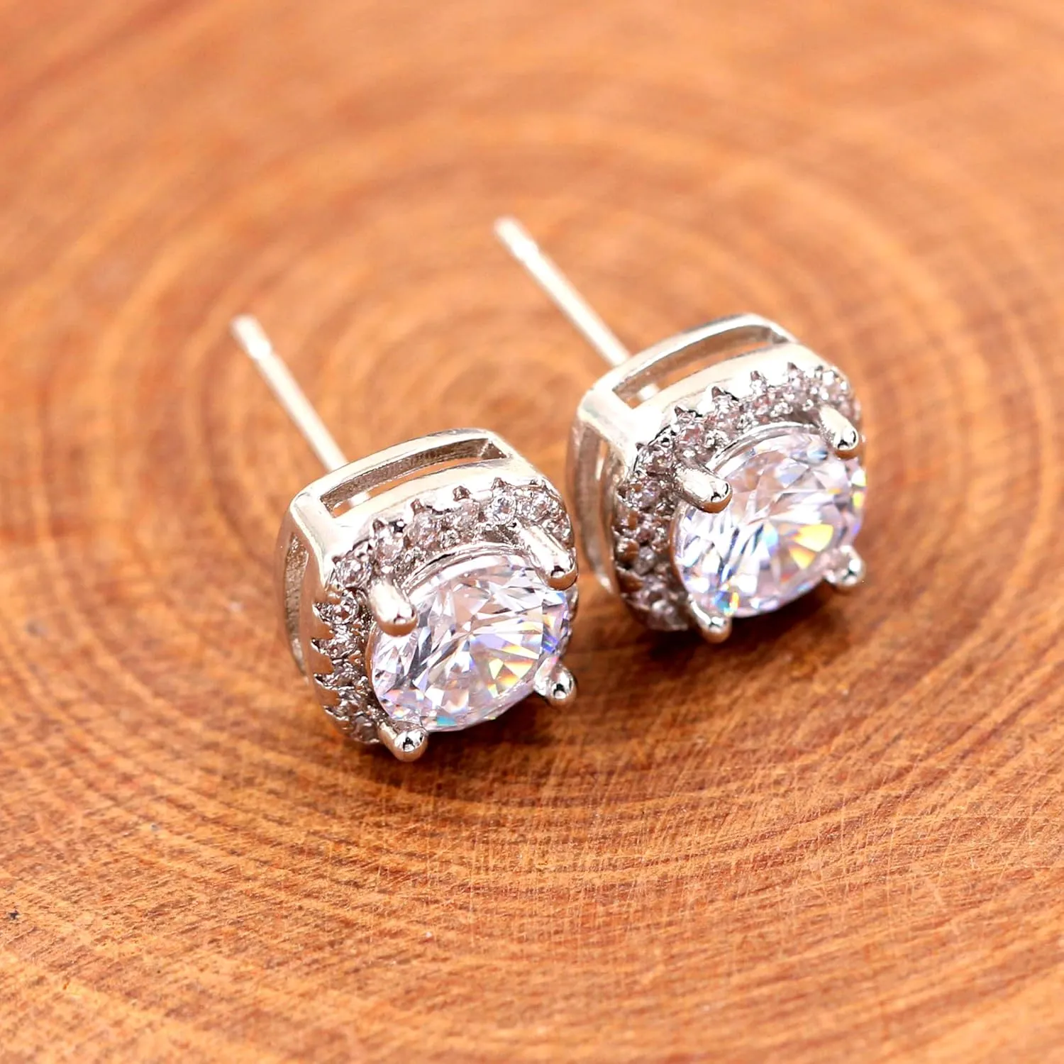White Gold Plated 6.5mm Cubic Zirconia Stud Earrings Set Dainty Suqare Halo Studs Earrings for Women