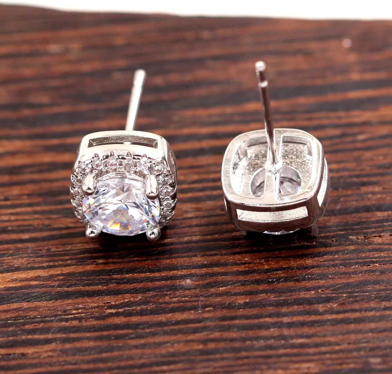 White Gold Plated 6.5mm Cubic Zirconia Stud Earrings Set Dainty Suqare Halo Studs Earrings for Women