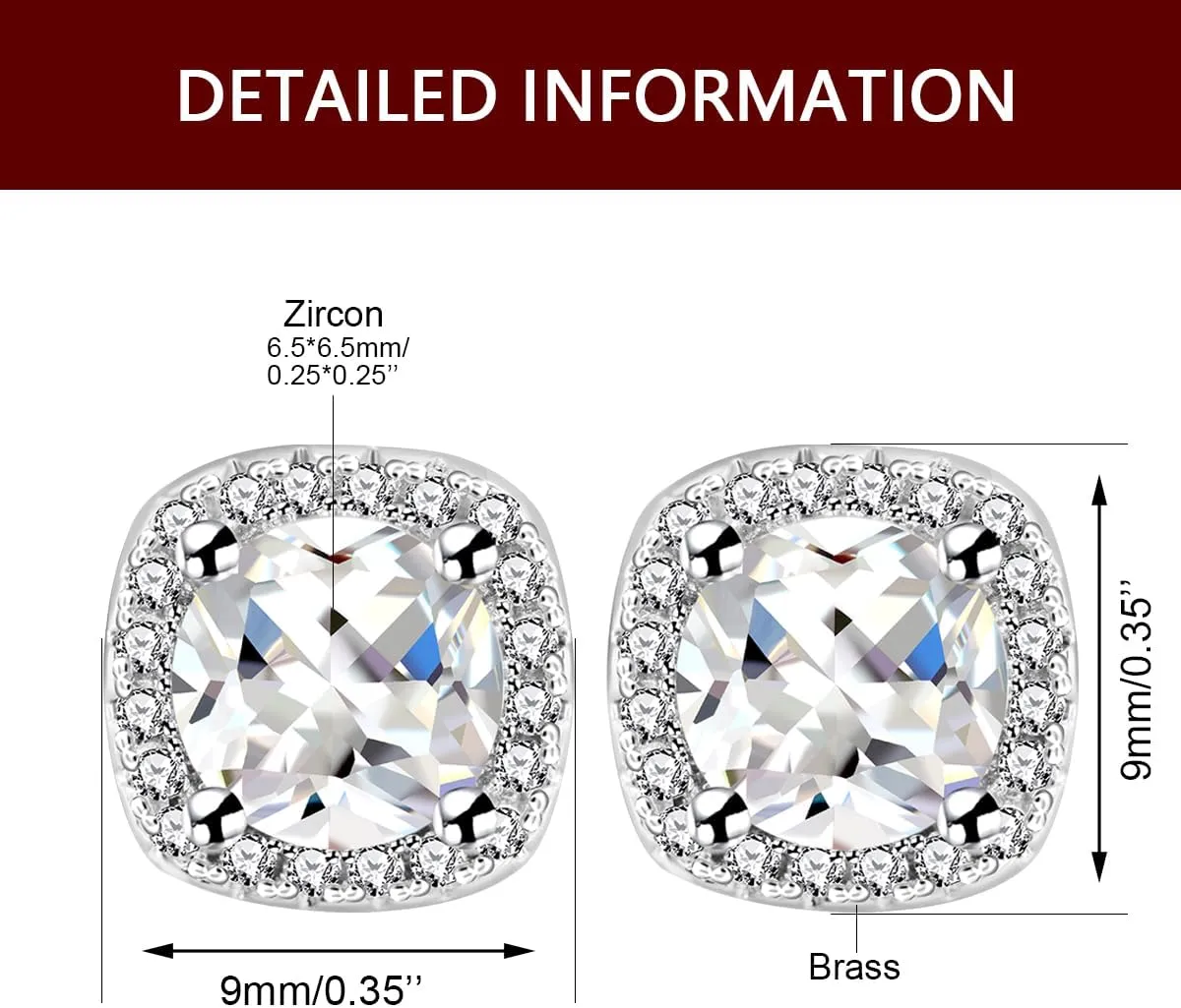 White Gold Plated 6.5mm Cubic Zirconia Stud Earrings Set Dainty Suqare Halo Studs Earrings for Women