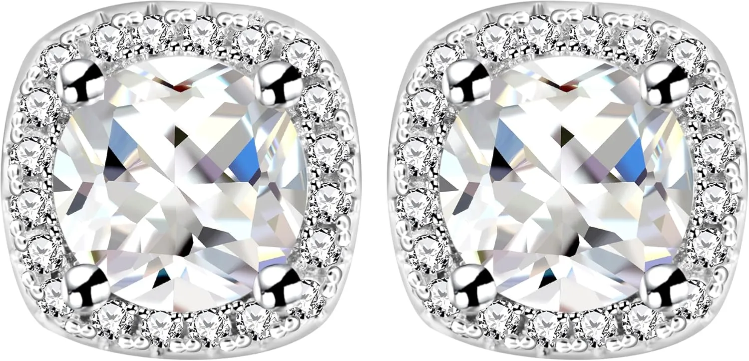 White Gold Plated 6.5mm Cubic Zirconia Stud Earrings Set Dainty Suqare Halo Studs Earrings for Women