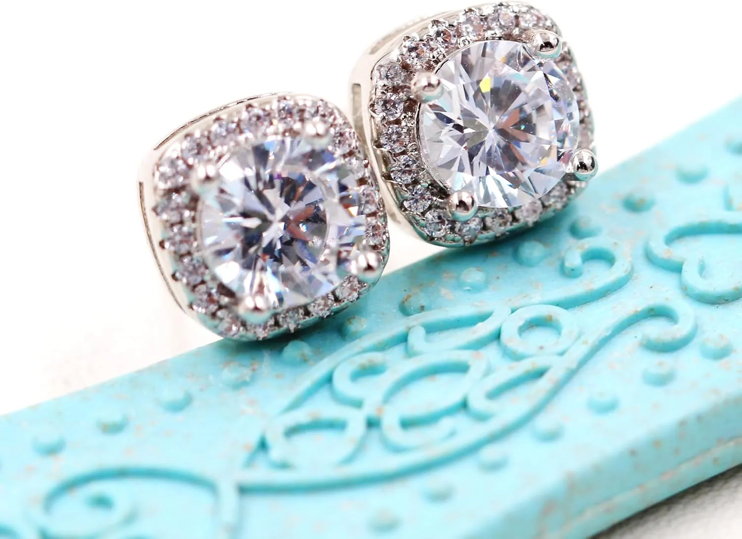 White Gold Plated 6.5mm Cubic Zirconia Stud Earrings Set Dainty Suqare Halo Studs Earrings for Women