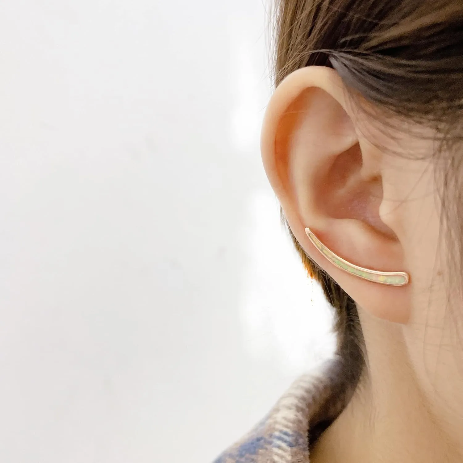 White Opal Climber Crawler Stud Earrings for Women Girls Sterling Silver Pins Created Opal Crescent Moon Statement Earring Studs Post Statement Ear Hoops Fashion Jewelry Gifts Hypoallergenic