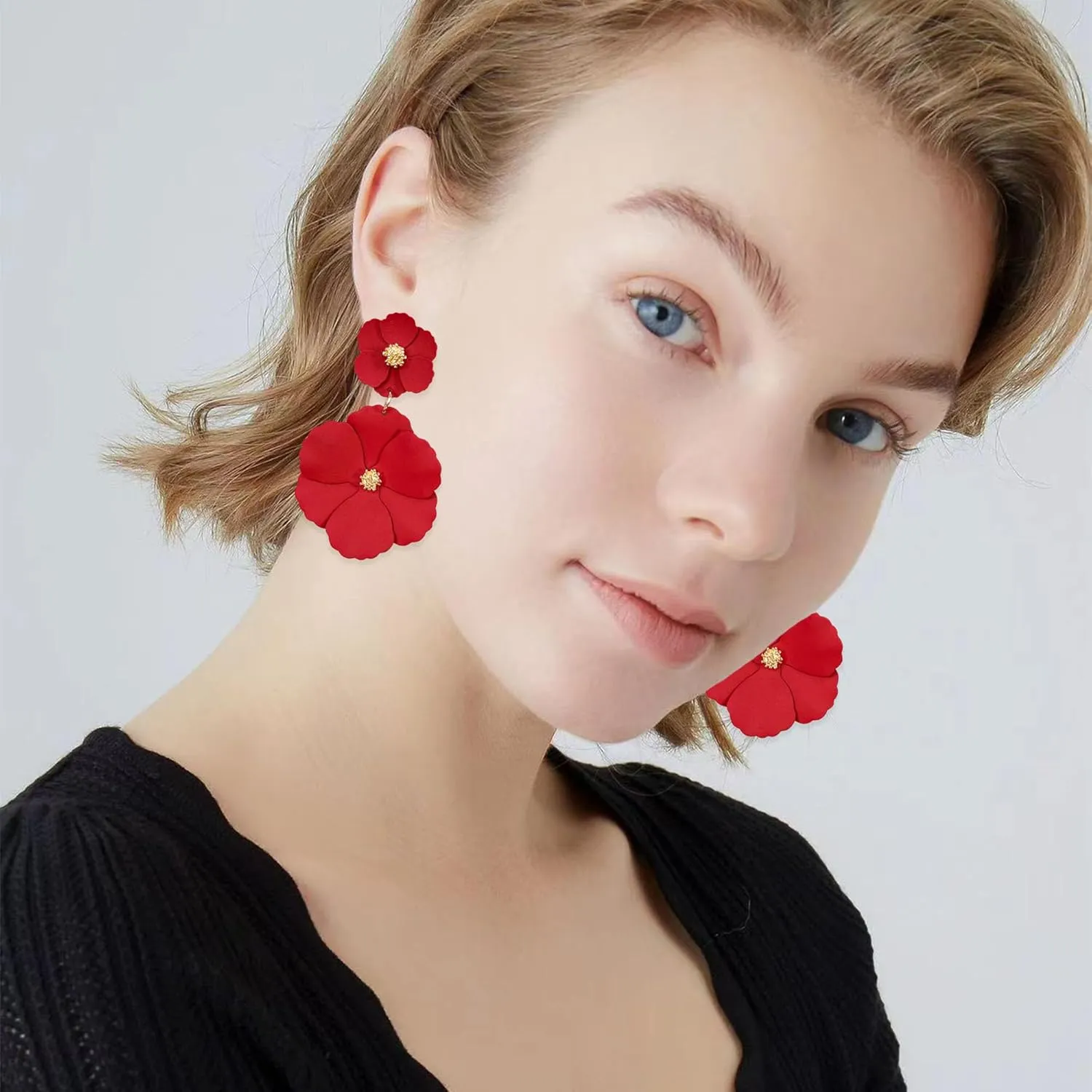 White Summer Flower Floral Dangle Earrings Boho 2 Layered Floral Petal Drop Statement Stud Earring for Women Jewelry