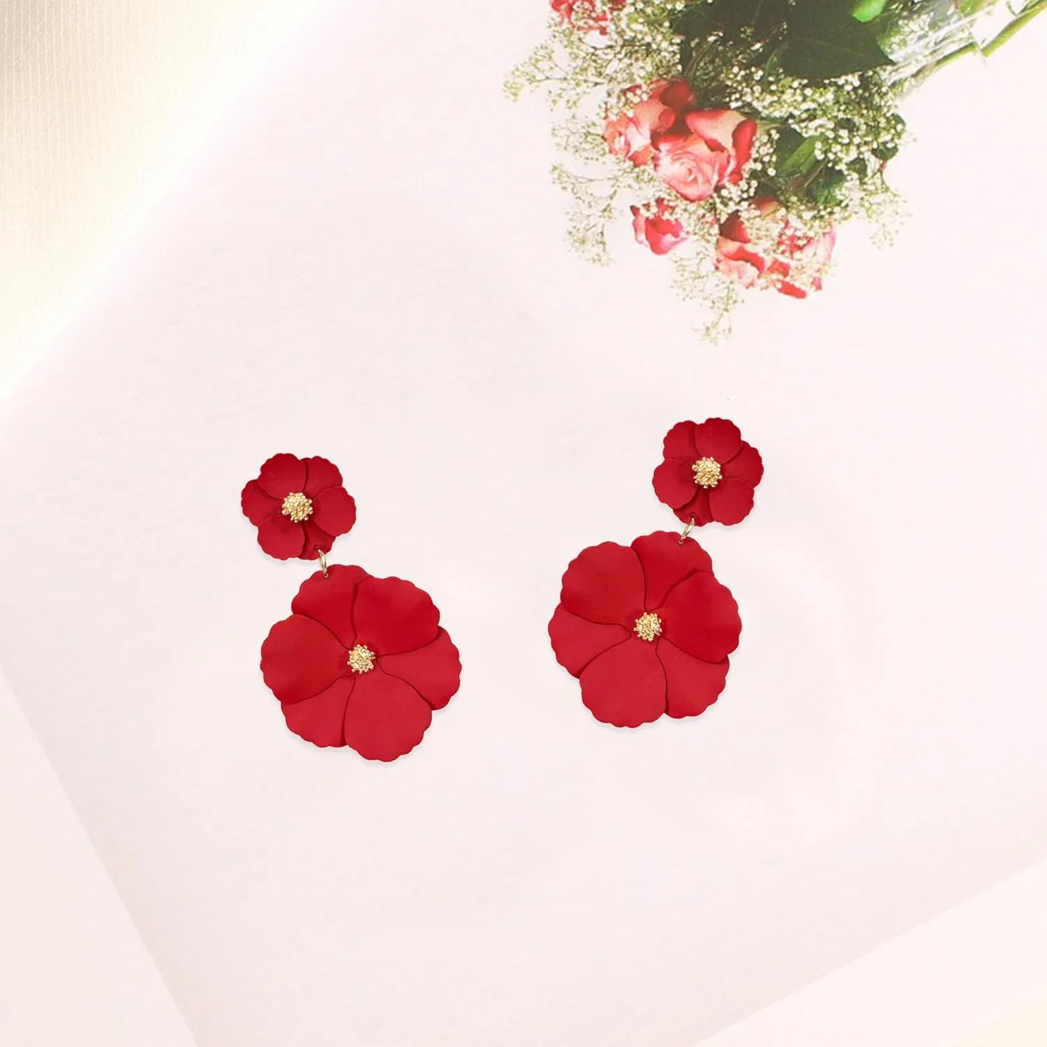 White Summer Flower Floral Dangle Earrings Boho 2 Layered Floral Petal Drop Statement Stud Earring for Women Jewelry