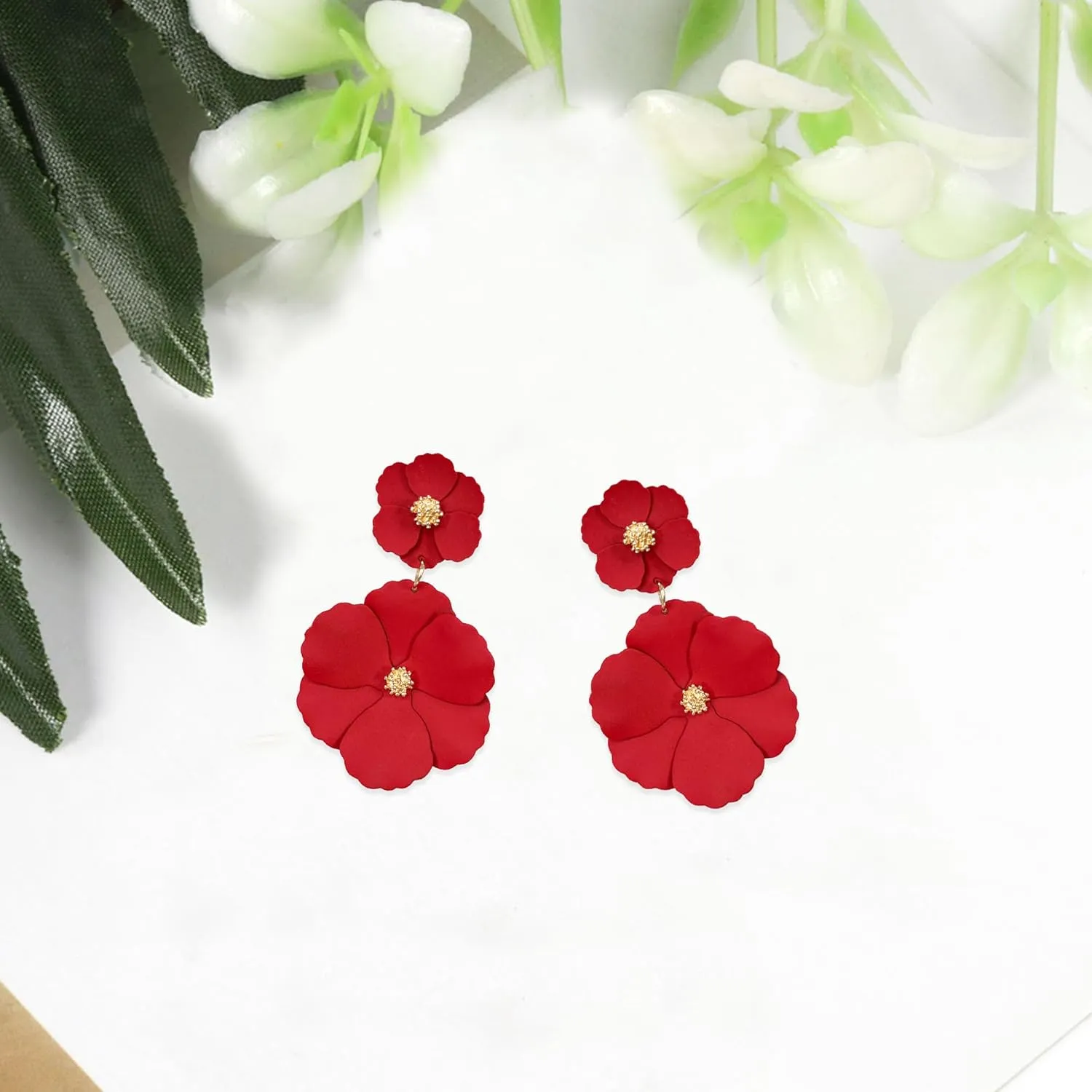 White Summer Flower Floral Dangle Earrings Boho 2 Layered Floral Petal Drop Statement Stud Earring for Women Jewelry