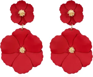 White Summer Flower Floral Dangle Earrings Boho 2 Layered Floral Petal Drop Statement Stud Earring for Women Jewelry