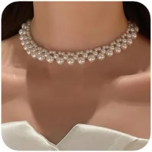 Women Bridal Vintage Short Pearls Pendant Pearl Shiny Choker Necklace Punk Bar Sexy Simple Necklaces for Women