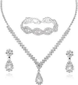 Women Crystal Necklace Earrings Bracelets Set Wedding Rhinestones Necklaces Rhinestone Teardrop Pendant Earrings Shiny Bracelet Jewelry for Bridesmaids Wedding Party